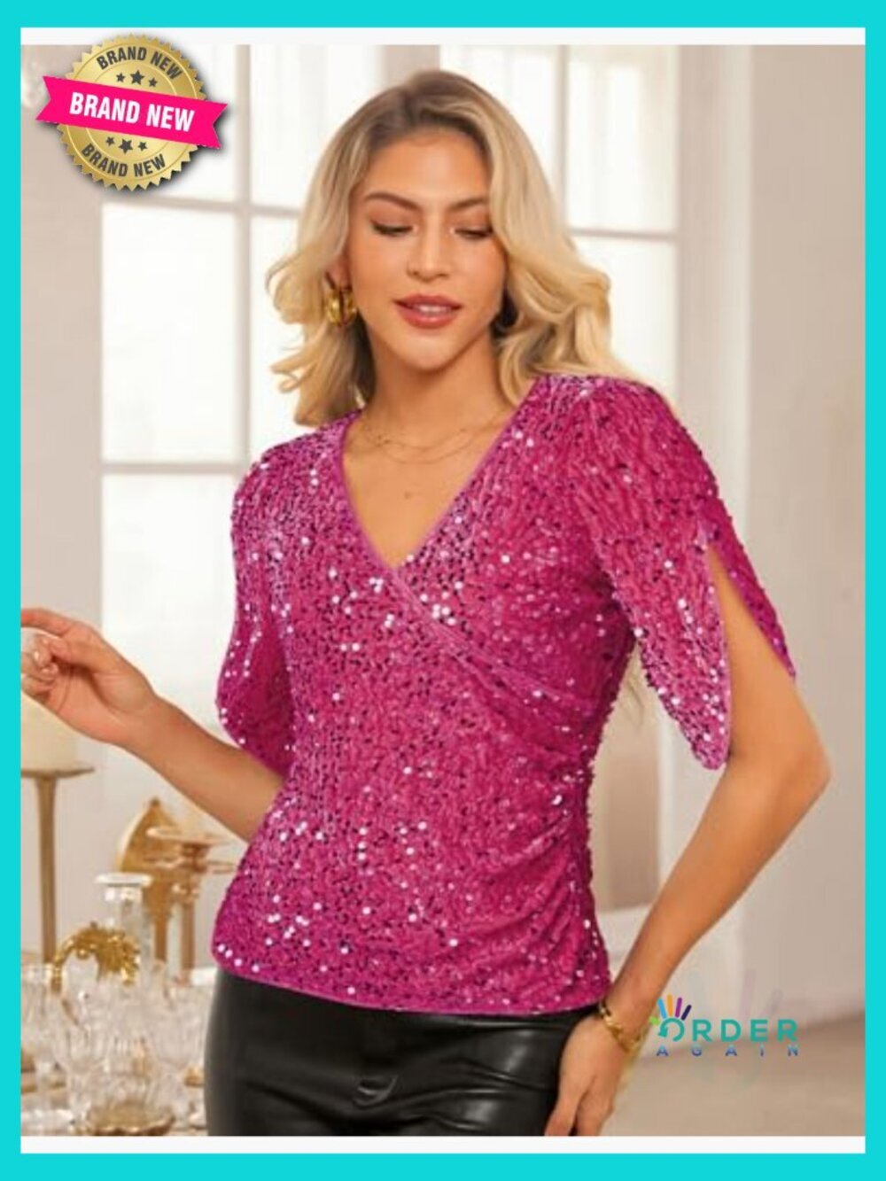 V Neck Velvet Sequin Blouse 3/4 Sleeve Ruched Party Top Dressy Sparkly - Picture 2 of 7